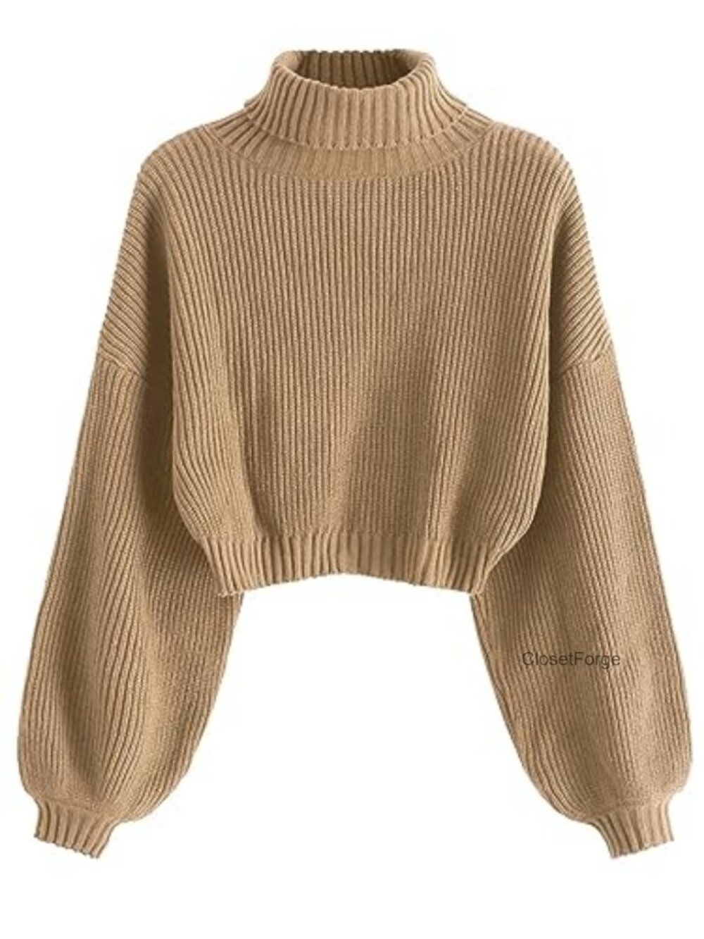 Cropped Turtleneck Sweater Lantern Sleeve Ribbed Knit Pullover Winter